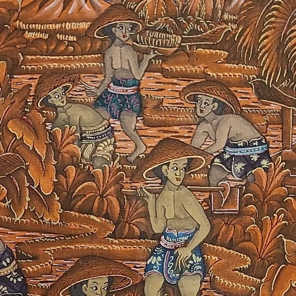 Gold Bamboo Framed Fabric Oriental Art